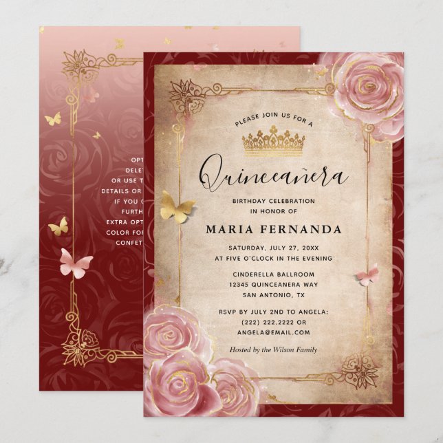 Elegant Pink Watercolor Rose Gold Quinceanera Invitation (Front/Back)