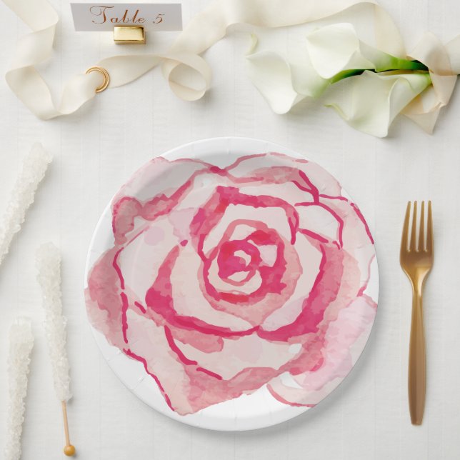 Elegant Pink Watercolor Rose Paper Plate (Wedding)