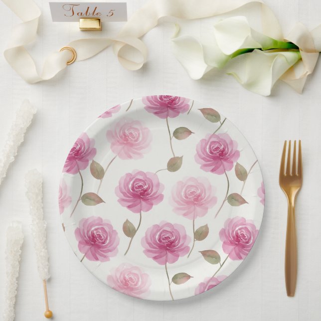 Elegant Pink Watercolor Rose Pattern Paper Plate (Wedding)