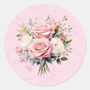 Elegant Pink Watercolor Roses Bouquet Wedding Classic Round Sticker