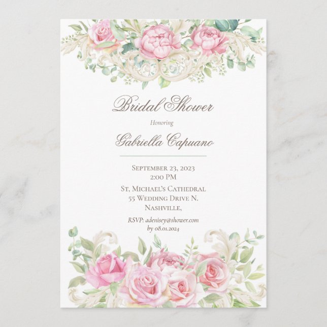 Elegant Pink Watercolor Roses Bridal Shower Invitation (Front)