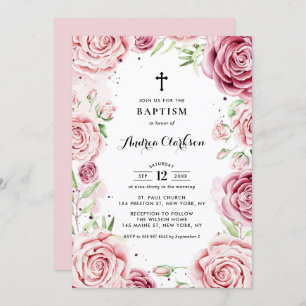 Elegant Pink Watercolor Roses Frame Baptism Invitation