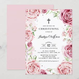 Elegant Pink Watercolor Roses Frame Christening Invitation