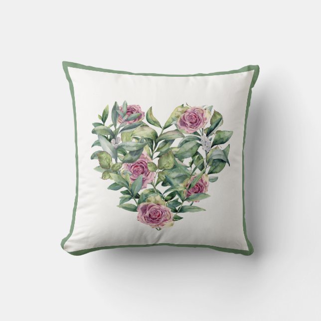 Elegant Pink Watercolor Roses Greenery Wreath Cushion (Front)