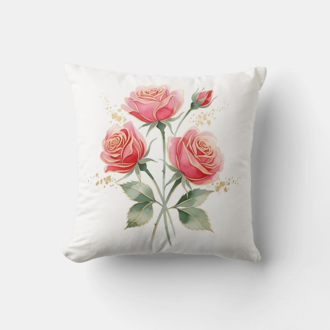 Elegant Pink Watercolor Roses with Gold Foil Trim Cushion (Front)