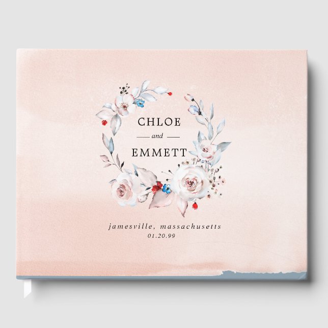 Elegant Pink Watercolor Rustic Floral Wreath Guest Book (Front)