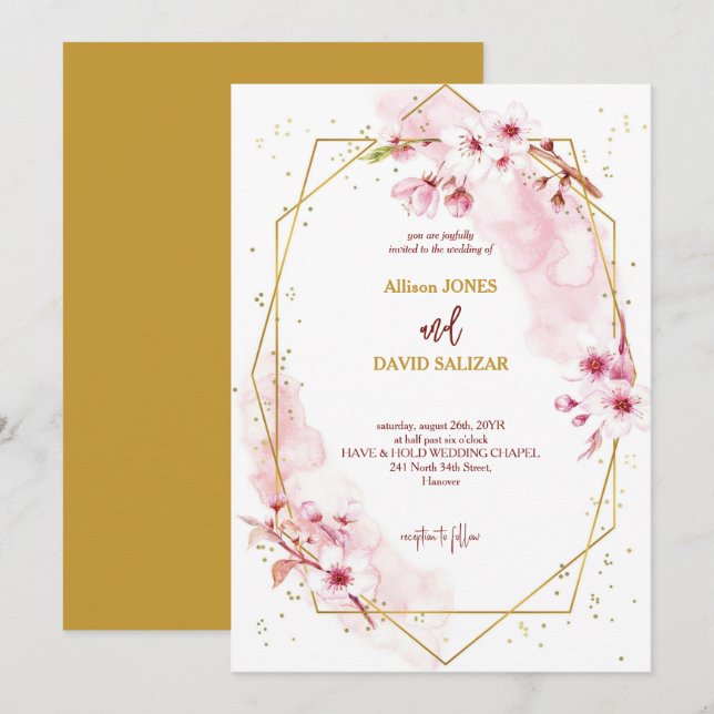 Elegant Pink Watercolor Sakura Floral Wedding Invitation (Front/Back)