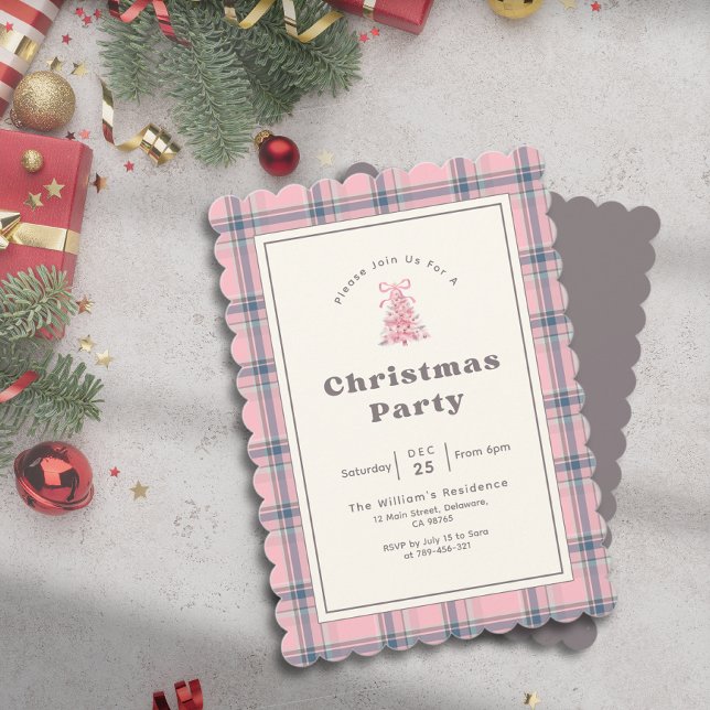 Elegant Pink Watercolor Tree Plaid Christmas Party Invitation (Elegant Pink Watercolor Tree Plaid Christmas Party Invitation)