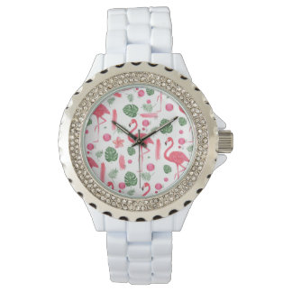 Elegant pink watercolor tropical flamingo floral watch