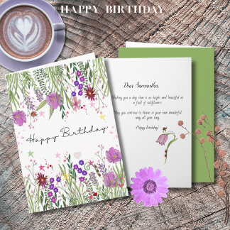 Elegant Pink Watercolor Wildflowers Birthday Card