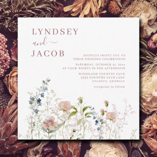 Elegant Pink Watercolor Wildflowers Wedding Invitation