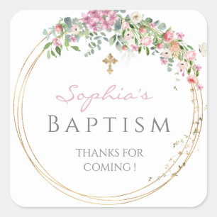 Elegant Pink Watercolour Floral Girl Baptism  Square Sticker