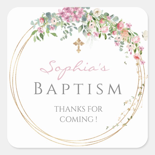 Elegant Pink Watercolour Floral Girl Baptism  Square Sticker (Front)