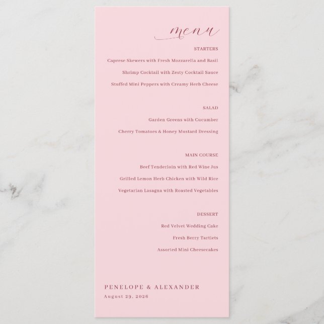 Elegant Pink Wedding Menu (Front)