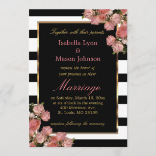 Elegant Pink Wedding Roses Black & White Stripes Invitation