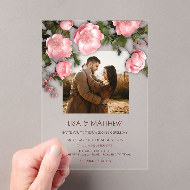 Elegant Pink White 3D Roses Wedding Acrylic Invitations (Insitu (Handheld))