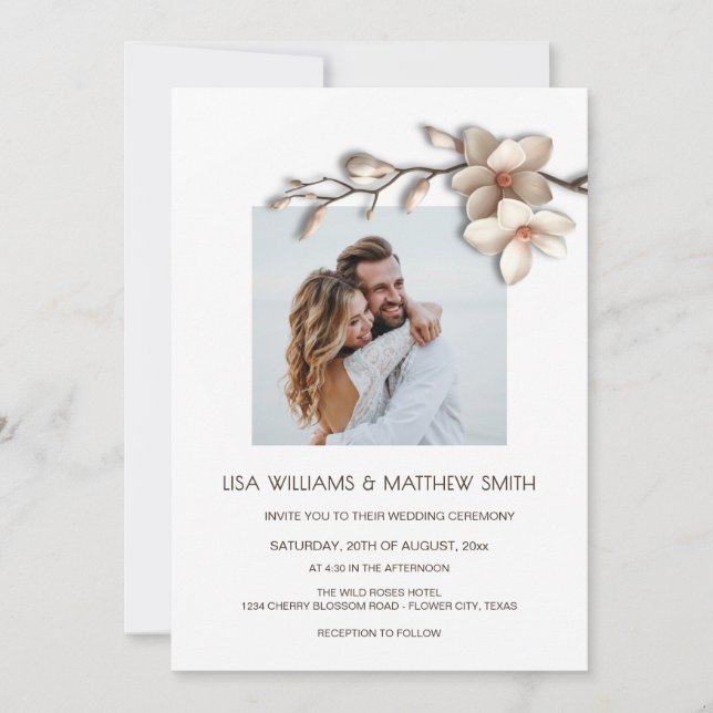 Elegant Pink White 3D Roses Wedding Invitation (Front)