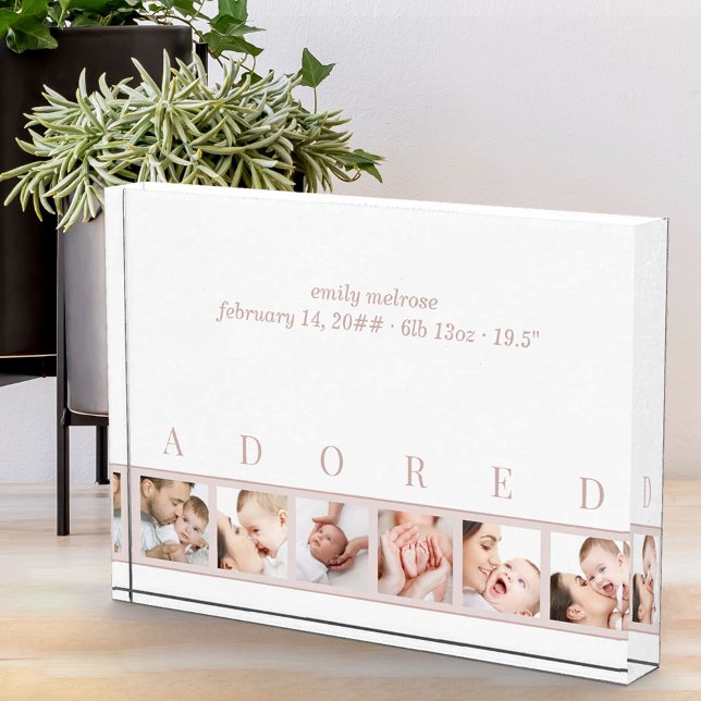 Elegant Pink White ADORED Baby Birth Stats and 6 Photo Block (Creator Uploaded)