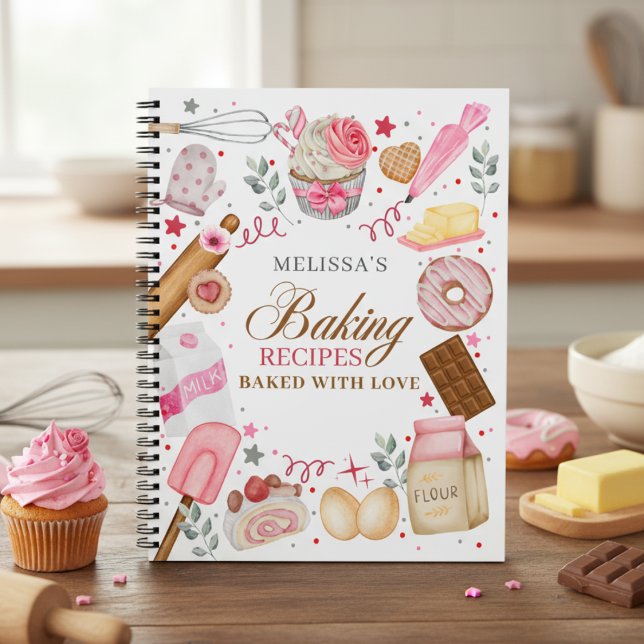Elegant Pink White Baked With Love Baking  Notebook (Creator Uploaded)