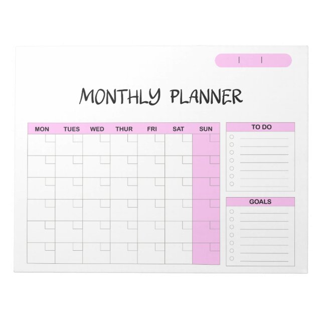 Elegant Pink White Blank Monthly Calendar Planner  Notepad (Front)
