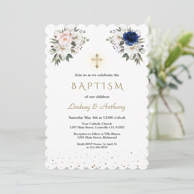 Elegant Pink White Blue Flowers Twins Baptism  Invitation (Standing Front)