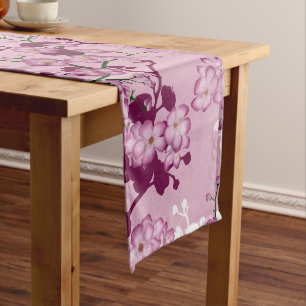 Elegant Pink White Burgundy Cherry Blossoms Long Table Runner