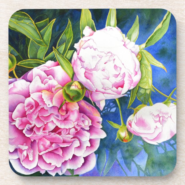 Elegant pink white classic watercolor floral coaster (Front)