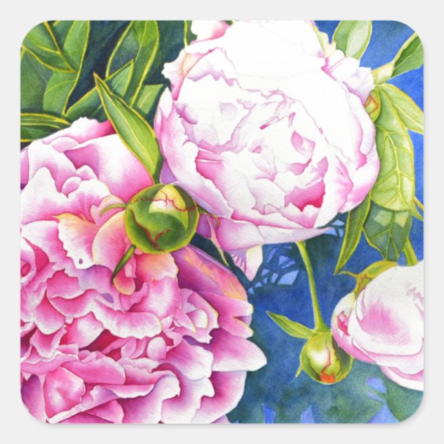 Elegant pink white classic watercolor floral square sticker (Front)