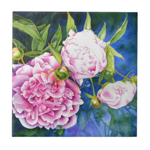 Elegant pink white classic watercolor floral tile