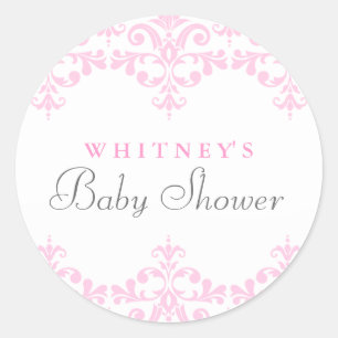 Elegant Pink & White Damask Baby Shower Sticker
