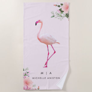Elegant Pink White  Flamingo    Monogram Custom Beach Towel