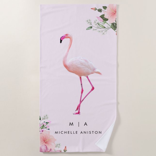 Elegant Pink White  Flamingo  | Monogram Custom Beach Towel (Front)