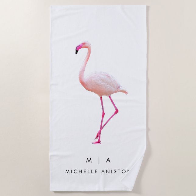 Elegant Pink White  Flamingo  | Monogram Custom Beach Towel (Front)