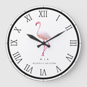 Elegant Pink White  Flamingo    Monogram Custom Large Clock