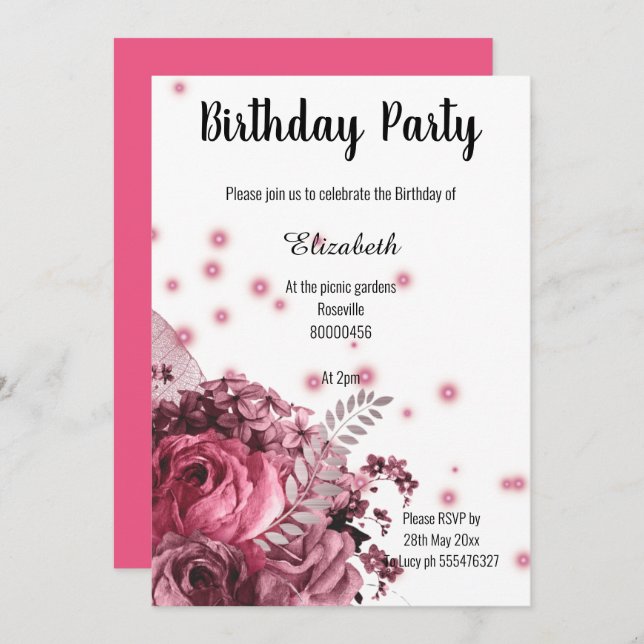ELEGANT PINK WHITE FLORAL BIRTHDAY 2 INVITATION (Front/Back)