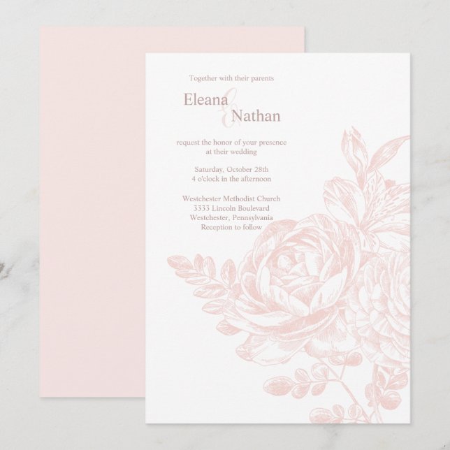 Elegant Pink White Floral Bouquet Wedding Invitation (Front/Back)