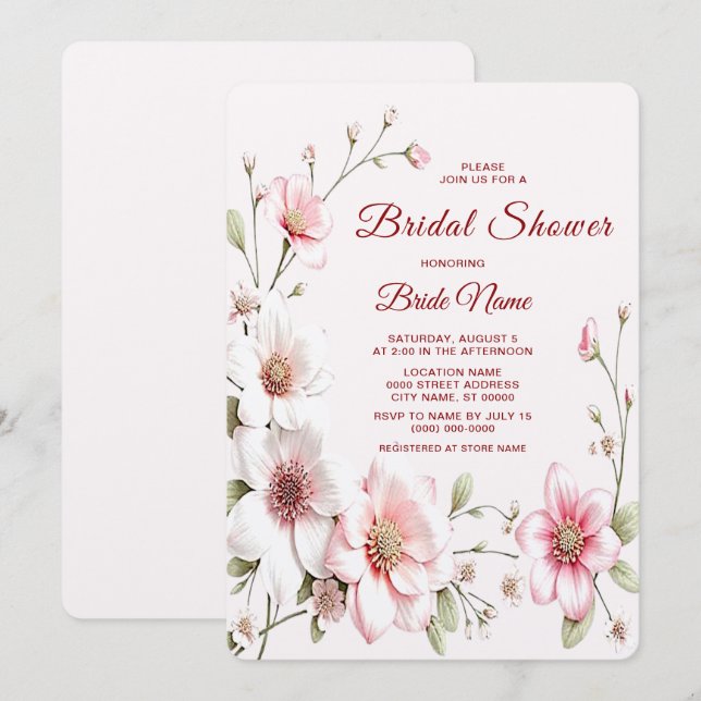 Elegant Pink White Floral Bridal Shower Invitation (Front/Back)