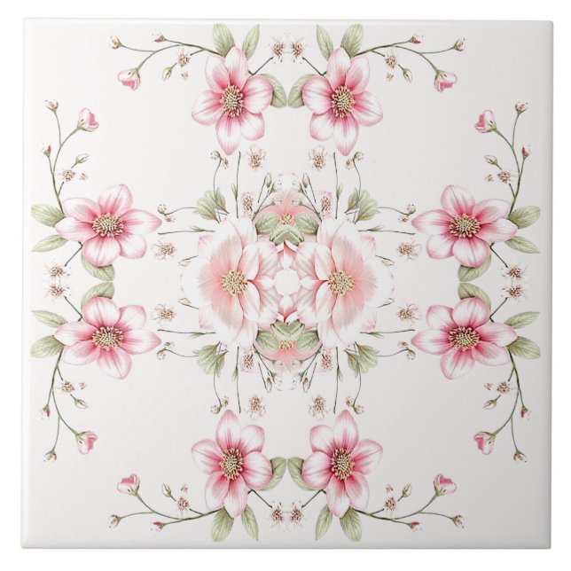 Elegant Pink White Floral Ceramic Tile (Front)