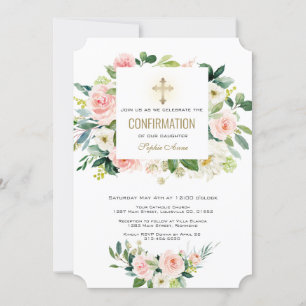 Elegant Pink White Floral Cross Confirmation Invitation