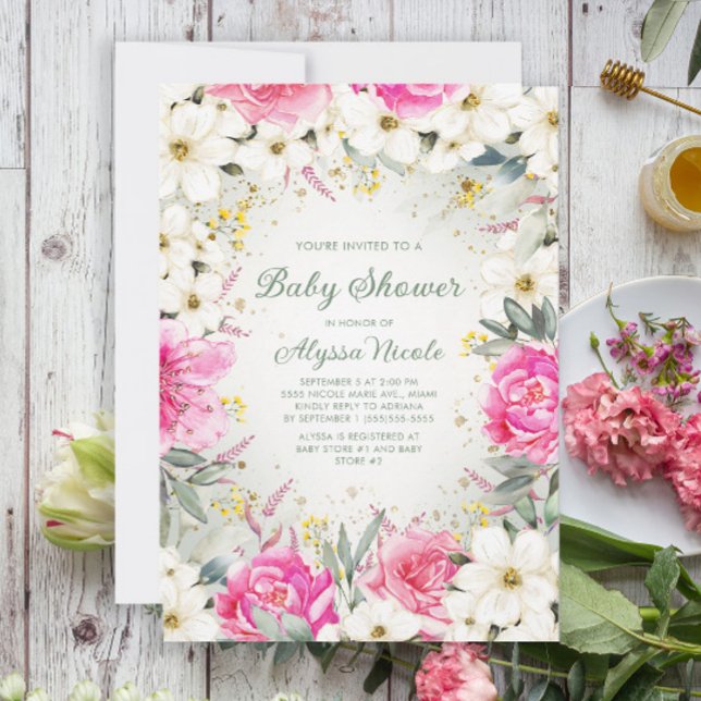 Elegant Pink White Floral Glitter Baby Shower Invi Invitation (Creator Uploaded)