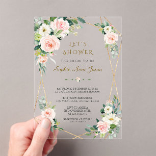 Elegant Pink White Floral Gold Frame Bridal Shower Acrylic Invitations