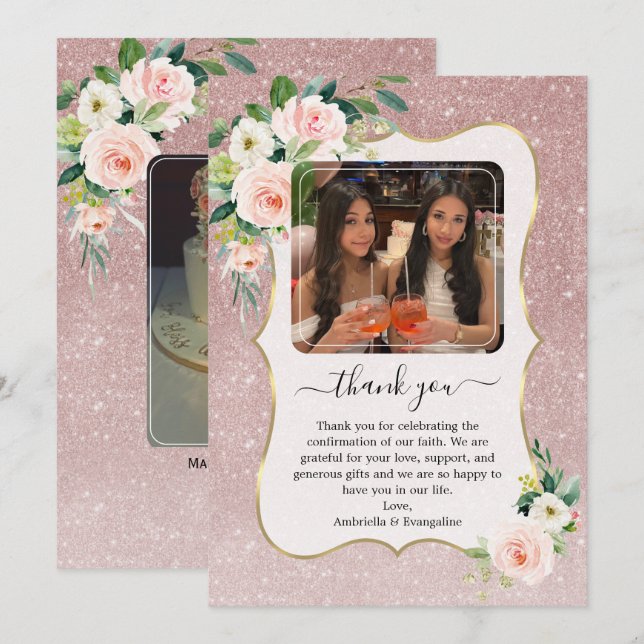 Elegant Pink White Floral Gold Photo Confirmation  Thank You Card (Front/Back)
