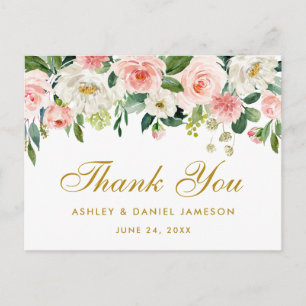 Elegant Pink White Floral Gold Wedding Thank You Postcard