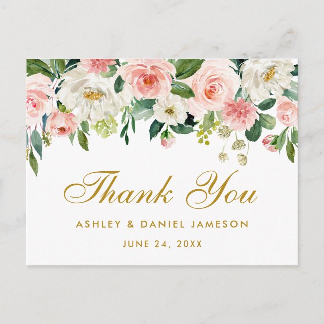 Elegant Pink White Floral Gold Wedding Thank You Postcard (Front)