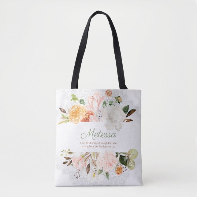Elegant Pink White Floral Lace Phil. 4:13 Tote Bag (Front)