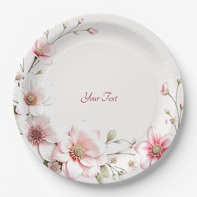 Elegant Pink White Floral Paper Plate (Front)