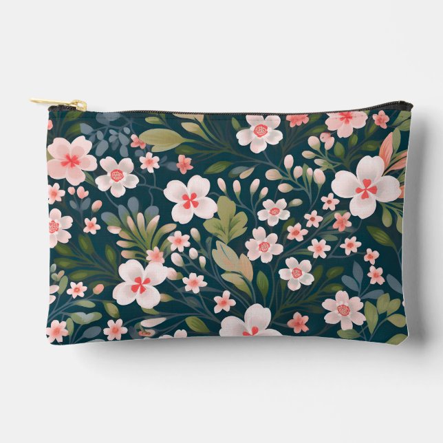 Elegant Pink & White Floral Pattern  Accessory Pouch (Front)