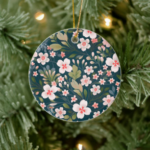 Elegant Pink & White Floral Pattern  Ceramic Tree Decoration