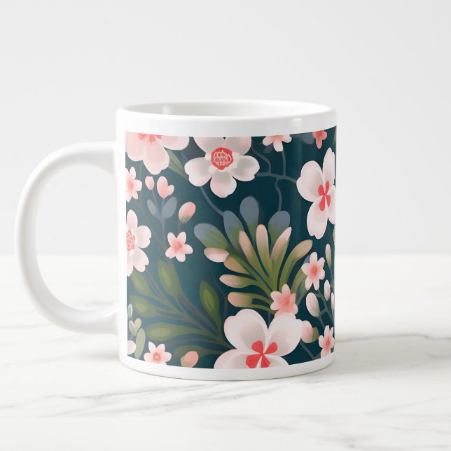 Elegant Pink & White Floral Pattern  Large Coffee Mug (Left)
