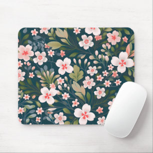 Elegant Pink & White Floral Pattern Mouse Mat